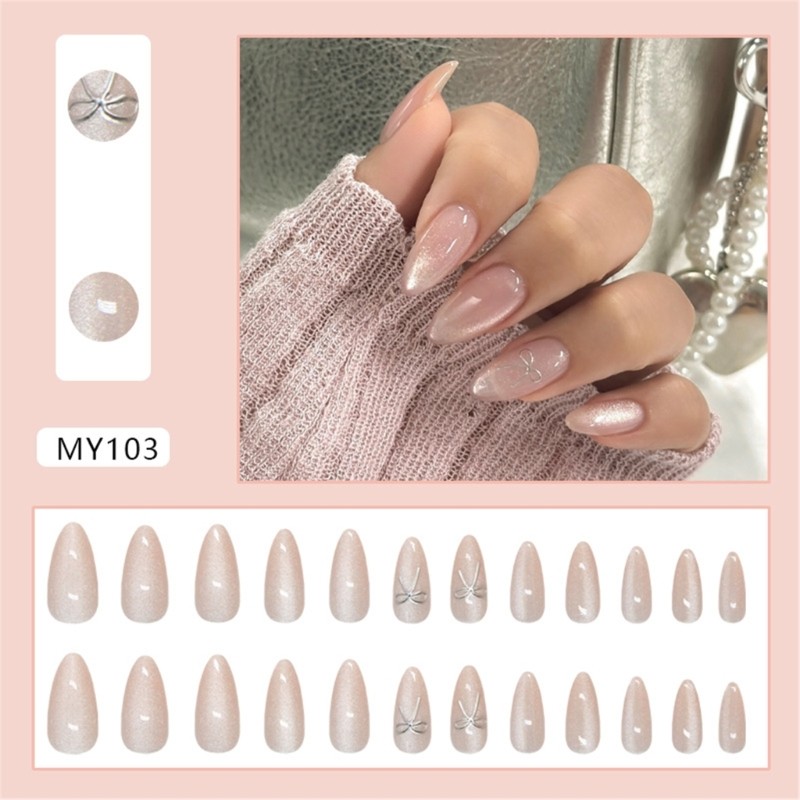 24pcs Glossy Press On Nail Almond Cats Eye False Nail For Fashionable Women