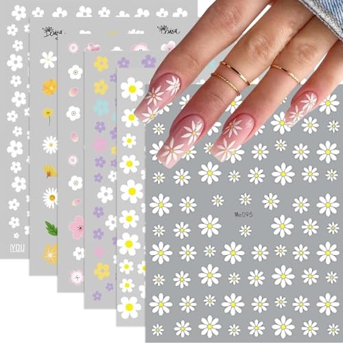 Flower Nail Art Stickers, Floral Daisy Nail Decals 3D Self-Adhesive White Daisy