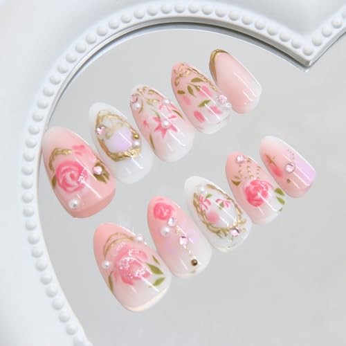 24Pcs Pink Press on Nails Short Almond Fake Nails with 3D pink floral charms