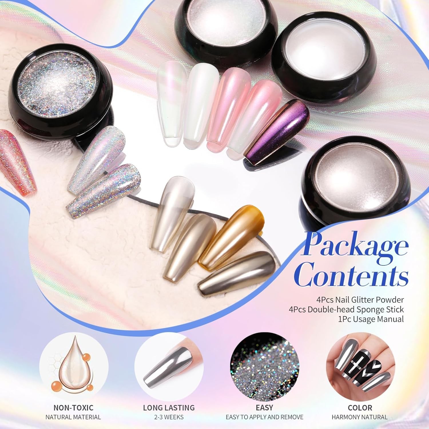 High-Gloss Holographic Nail Powder Set – 4 Colors for Easy Application