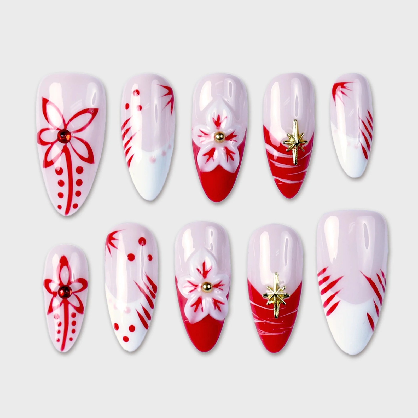 SIYOU Crimson Ink Almond Red, Gold & White Press-On Nails 10pc