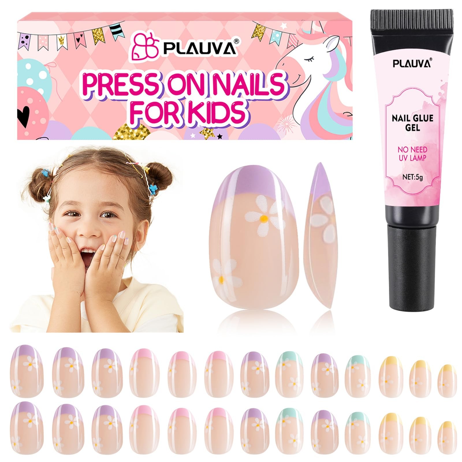 Plauva 26 Pieces Press on Nails for Kids, Children Flower Fake Short, Pink