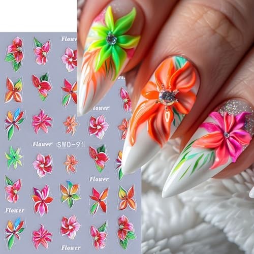 Flower Nail Art Stickers 5D Embossed Flowers Nail Decals 3PCS hawaii flower