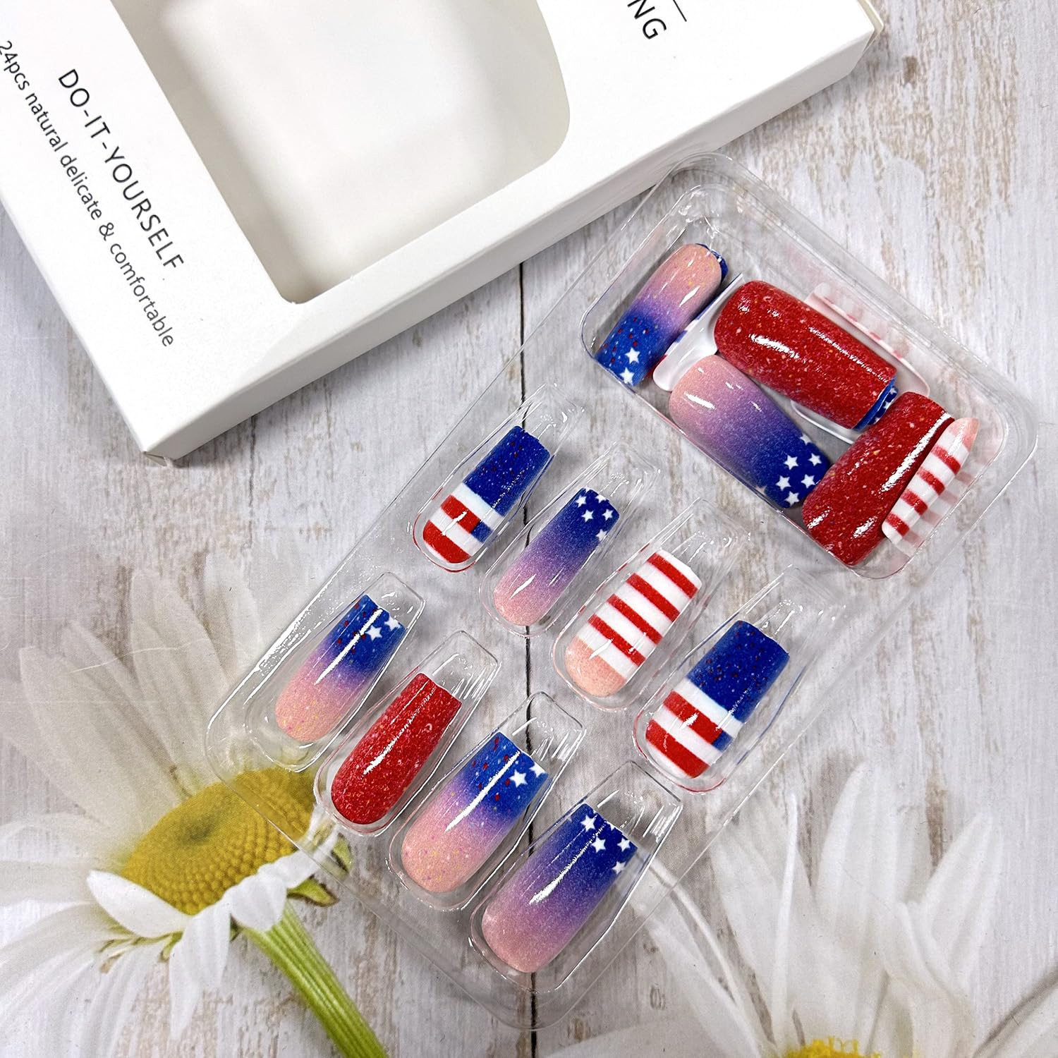 Independence Day Press on Nails Medium Square Stars Glitter Powder Sequins Desig