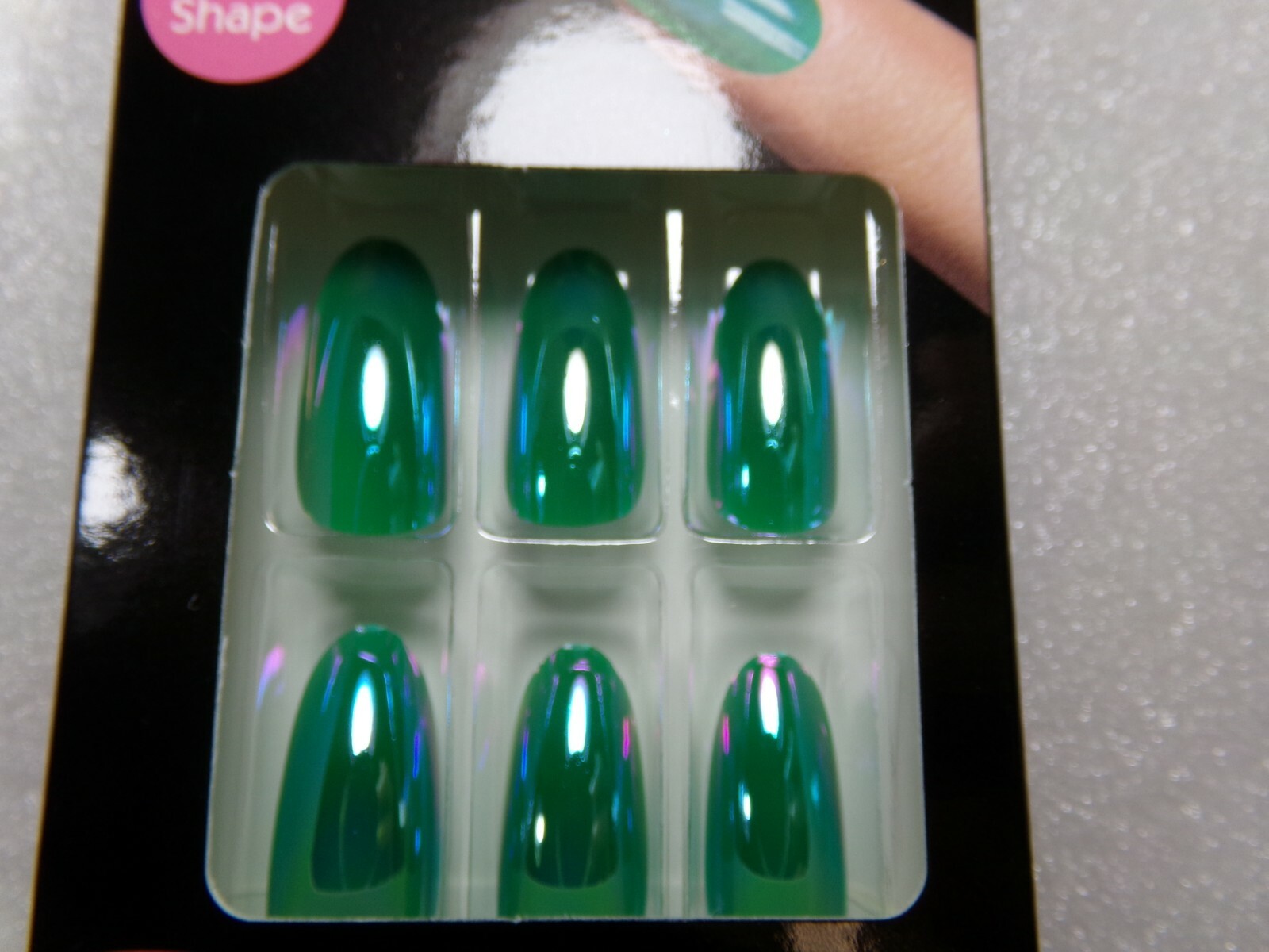 b*Color Nails Shiny Iridescent Green Artificial glue on Long Oval
