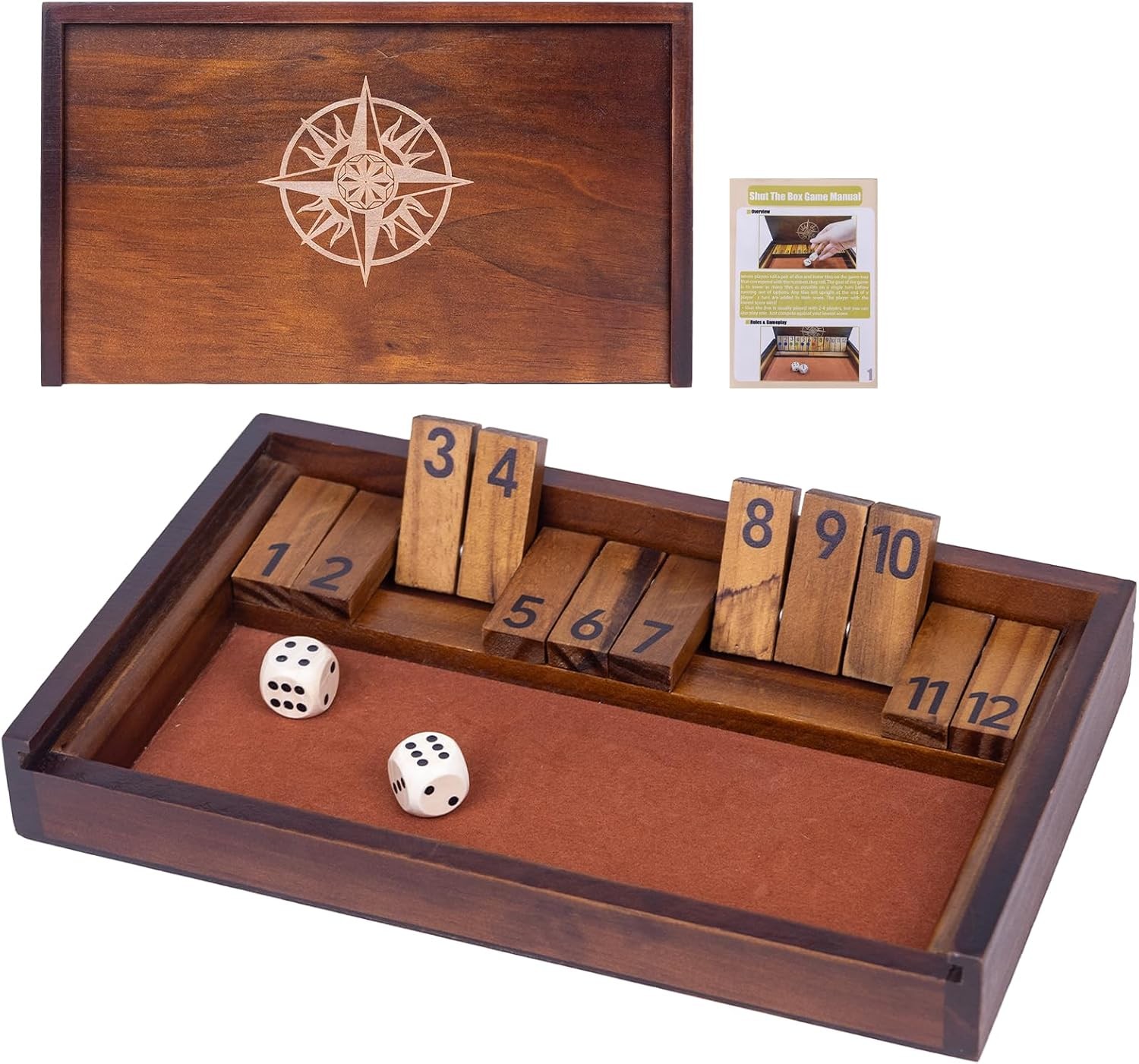 WodGod Shut The Box Game with 12 Pcs Wooden Numbers，Wooden Board Table Math Game