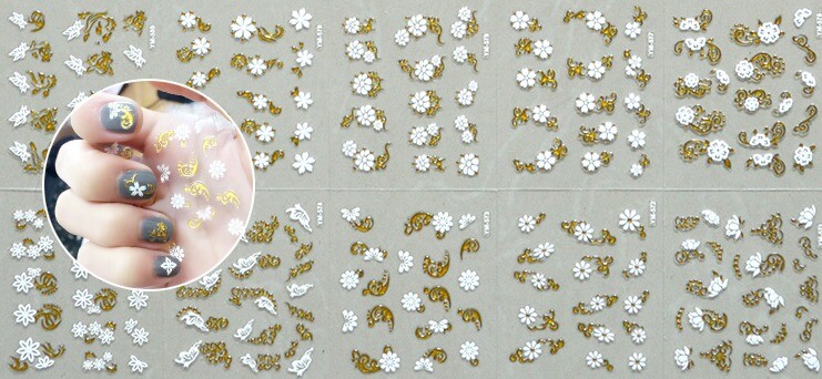 4x Sheets White/Gold Mix Design Decals Flower 3D Nail Art Stickers Craft