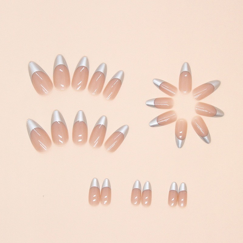 24pcs Nude French Press On Nails – Almond Glossy Nails with Sliver Tips