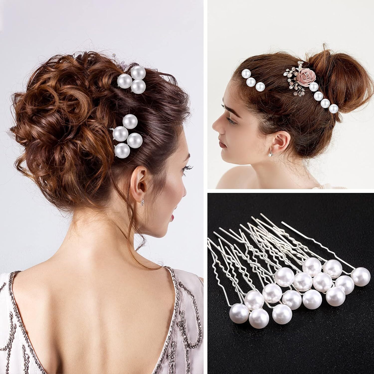 60 Pieces Bridal Wedding Hair Pins Pearl U Shape Rhinestone Silver