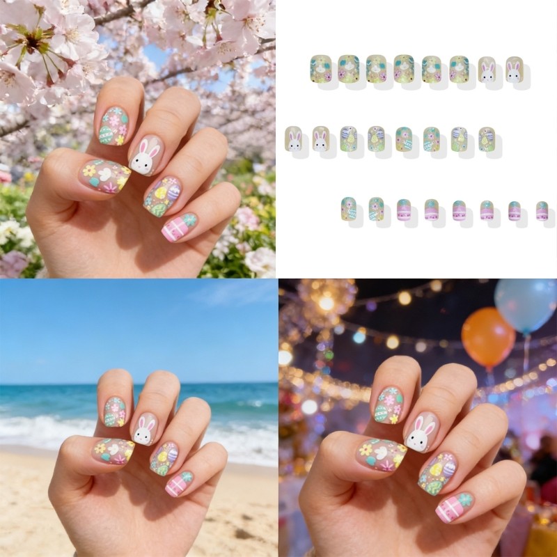 Adorable Rabbit Egg Printed Artificial Nail Short Square Shape Easy To Wear