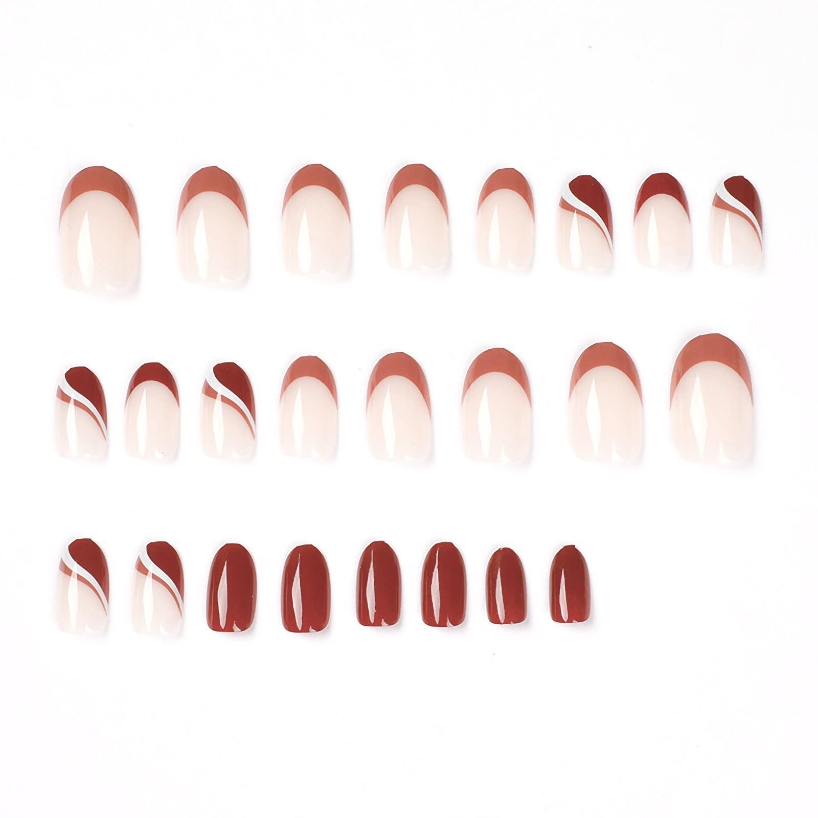 Oval Press on Nails Medium Fake Nails Brown French Tip Burgundy Round Acrylic…