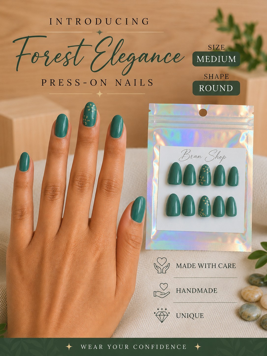 Hand Painted Green And Gold Sparkle Press-On Nails Nail Kit Included