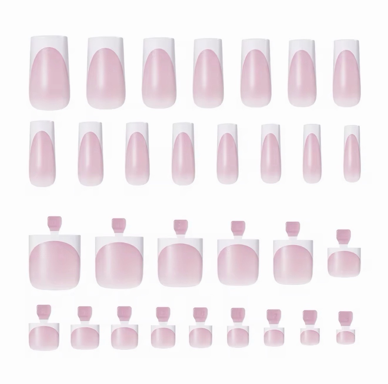 Pink White French Tip Square Almond Press-On Nails Full Cover for Fingers Toes