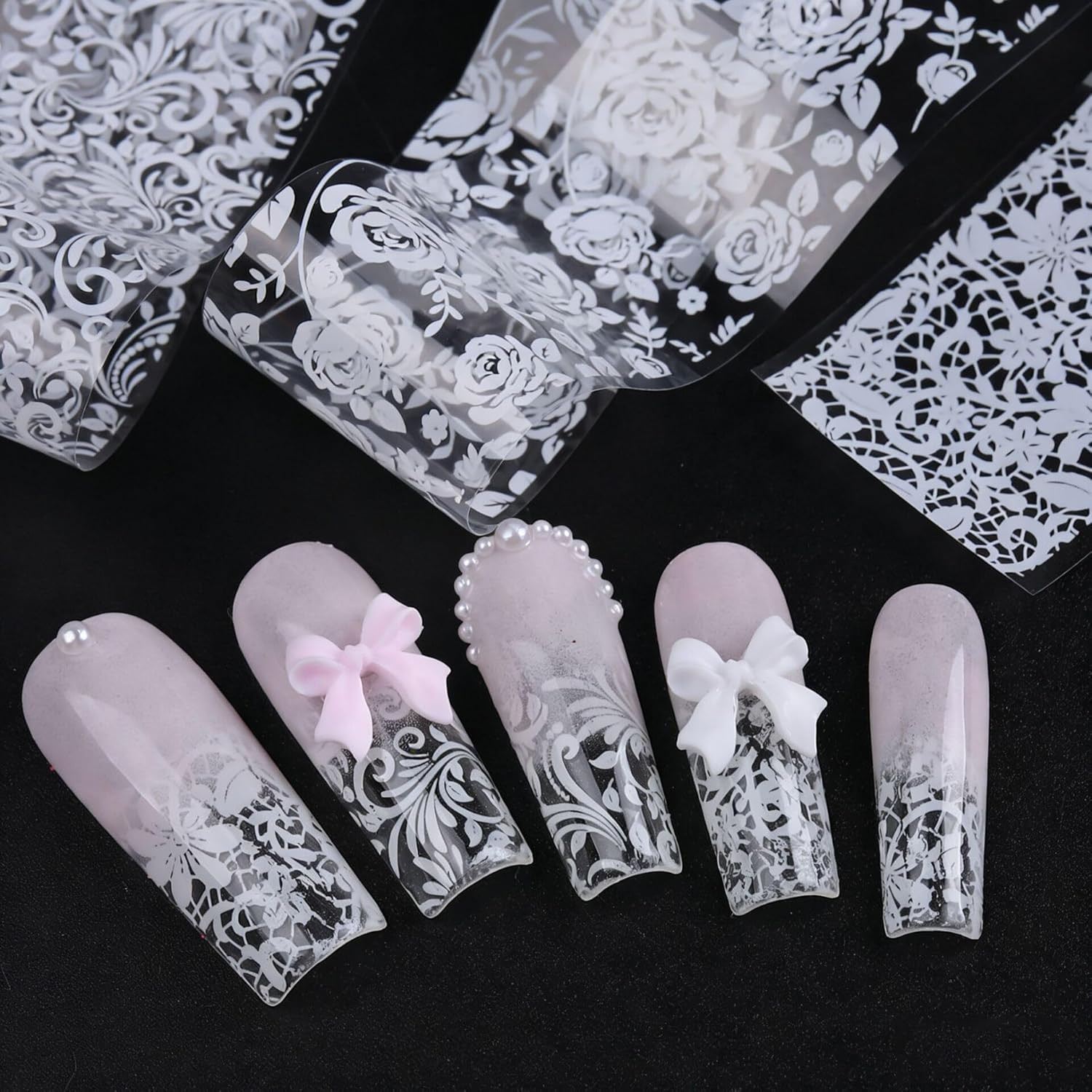 Lace Nail Foil Sheets, 10 Rolls Black White Flower Nail Foils Transfer Nail Art