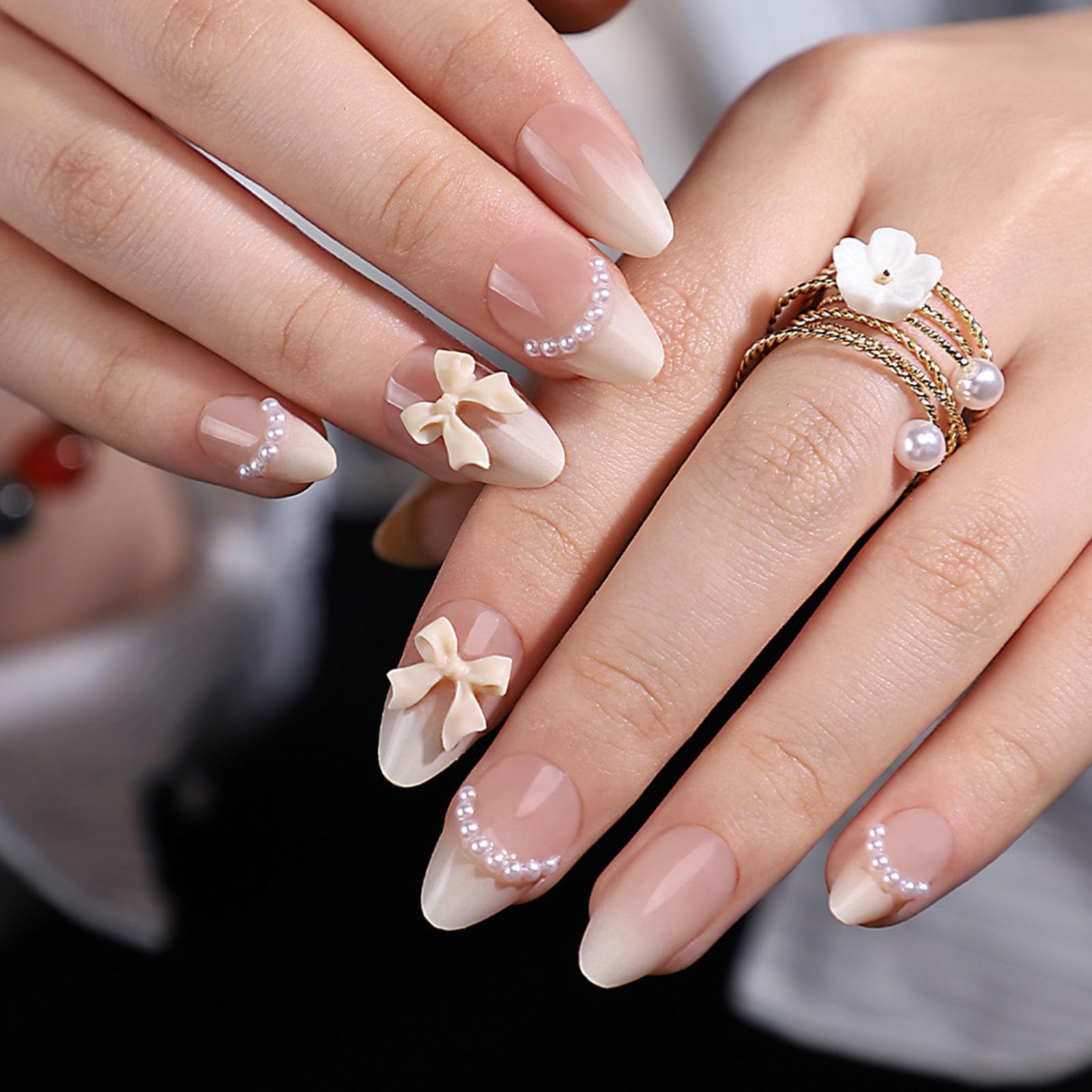 Ombre Almond Press on Nails Short Fake Nails wiht Bow Pearls Charm Designs Nu…