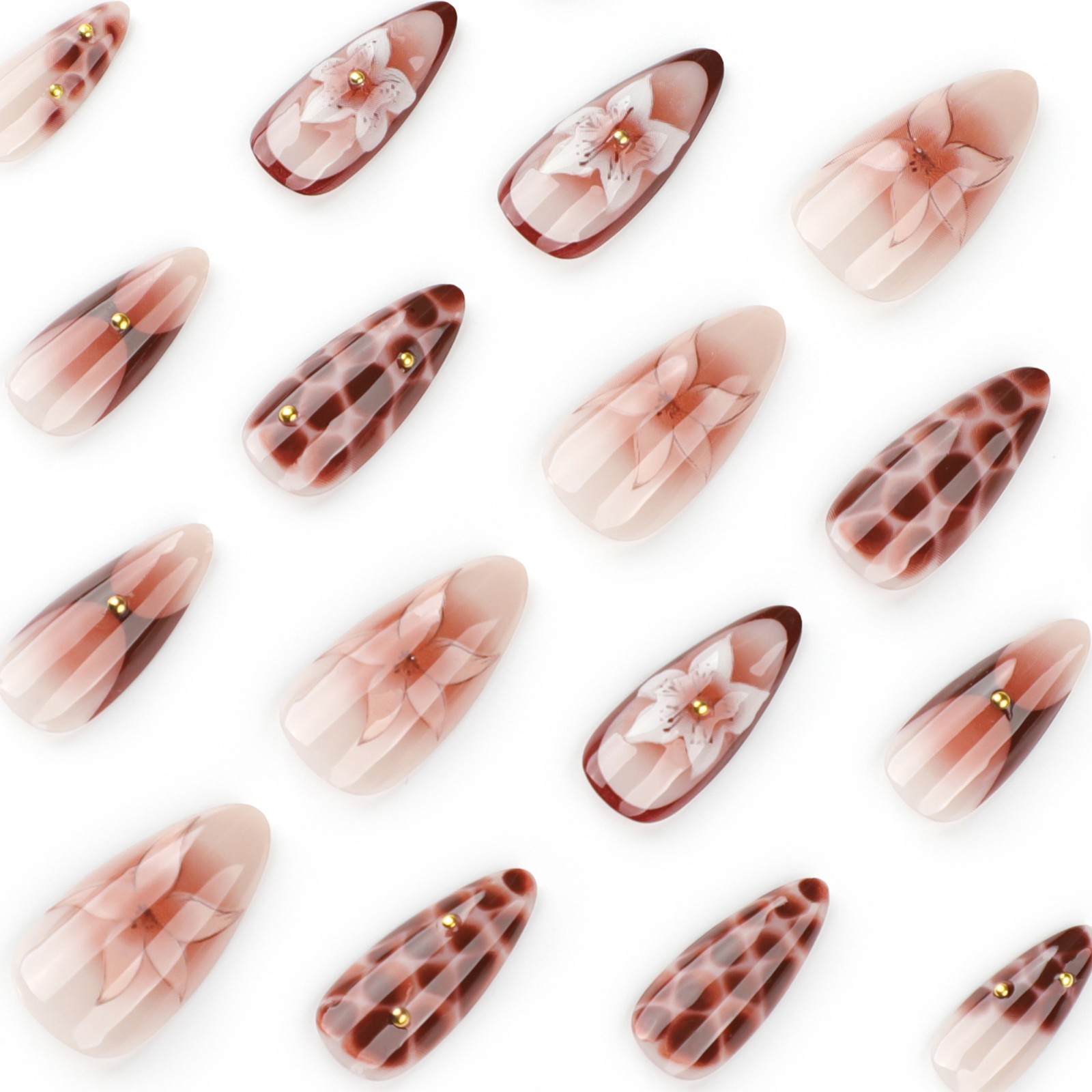 24pcs Chocolate Brown 3D Floral French Press on Nails, Medium Almond Shape