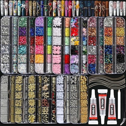 Nail Charms Rhinestones Kit – 18000 Pcs 3D Gold Silver Gems, Cross Crown Pearls