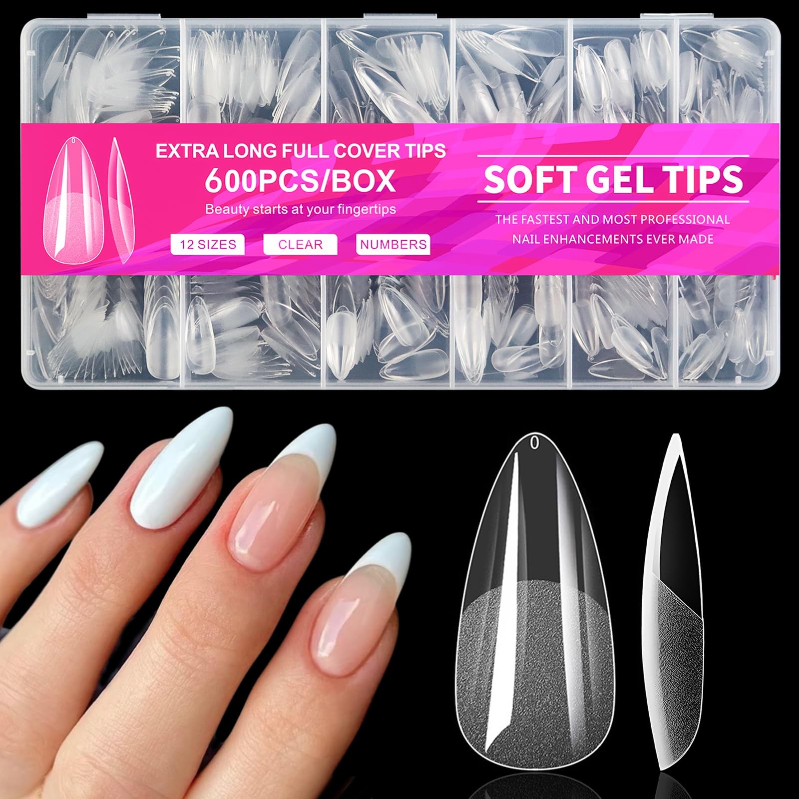AddFavor 600pcs Almond Nail Tips Medium Fake 600 Piece Assortment, Clear