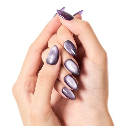 Dark Purple Magnet Cat Eyes Press on Nails Short Almond, Black Berkeley Dark