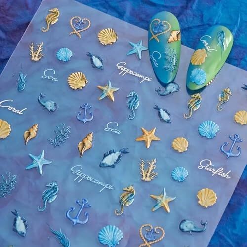 5D Embossed Seashell Starfish Nail Art Stickers Self Adhesive Marine Life Nail