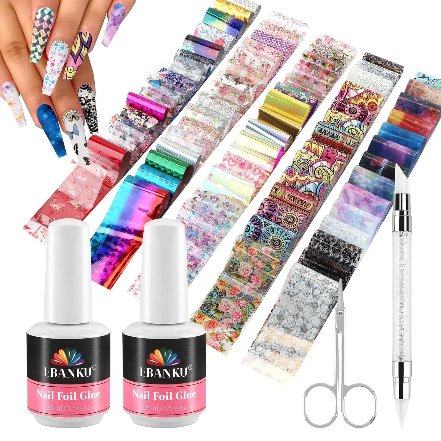 EBANKU 80 Pcs Nail Art Foil with 30ML Nail Foil Glue Gel, Starry Sky Flower Foil