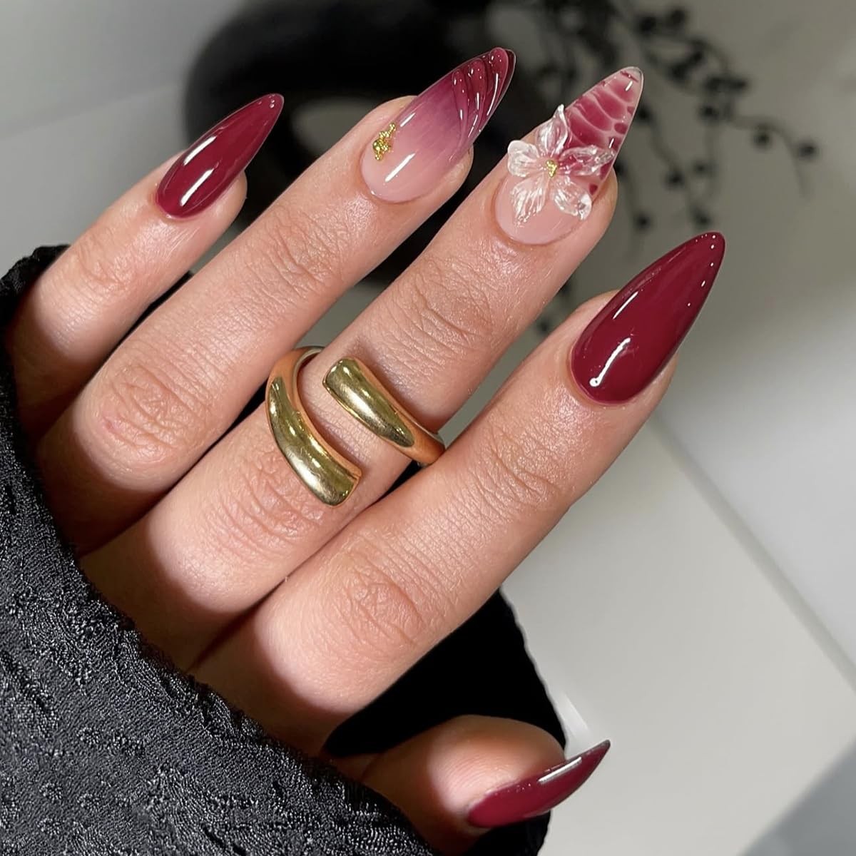 French Tip Medium Almond Press on Nails Wine Red Ombre French Acrylic Fake Na…