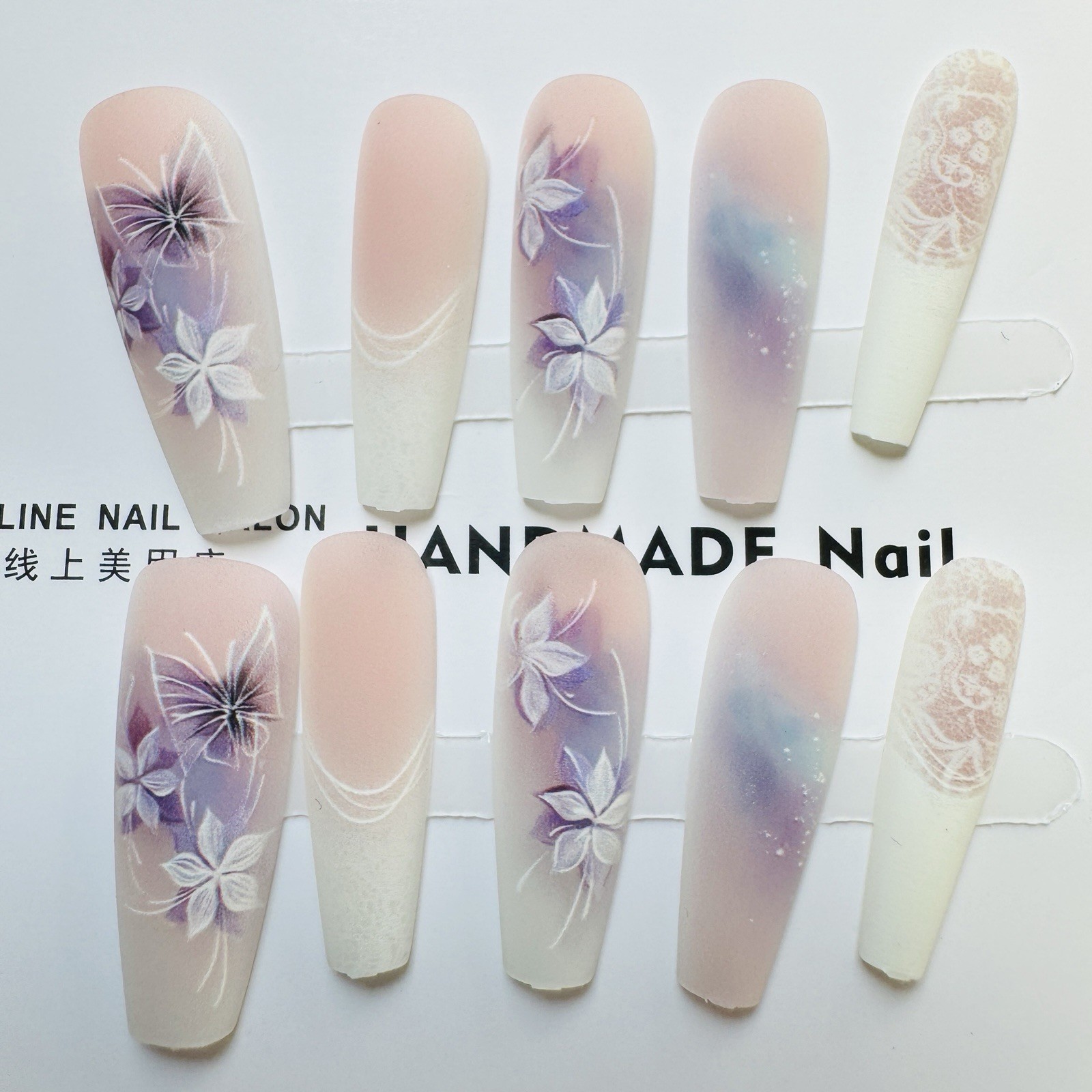 press on nails Long coffin matte pink purple white flower theme