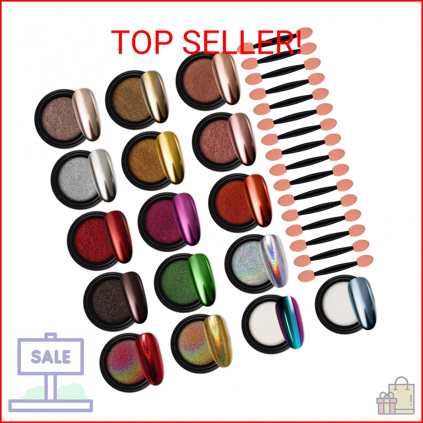 Artdone 16 Jars Chrome Nail Powder Kit Magic White Pearl Gold Mirror Effect