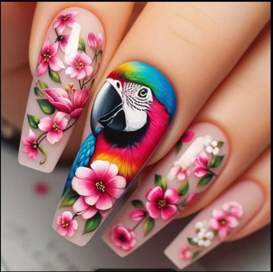 Vibrant Parrot & Floral 3D Press-On Nails – Long Coffin Shape, Glossy Finish💗