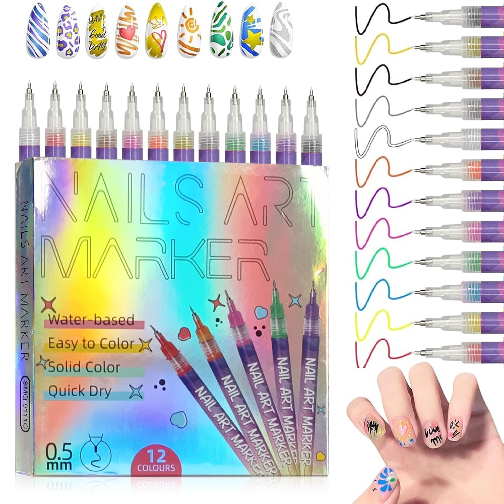12 Colors Nail Art Pens Set, Nail Art Marker, Nail Doodle Pens, 0.5 MM Nail US