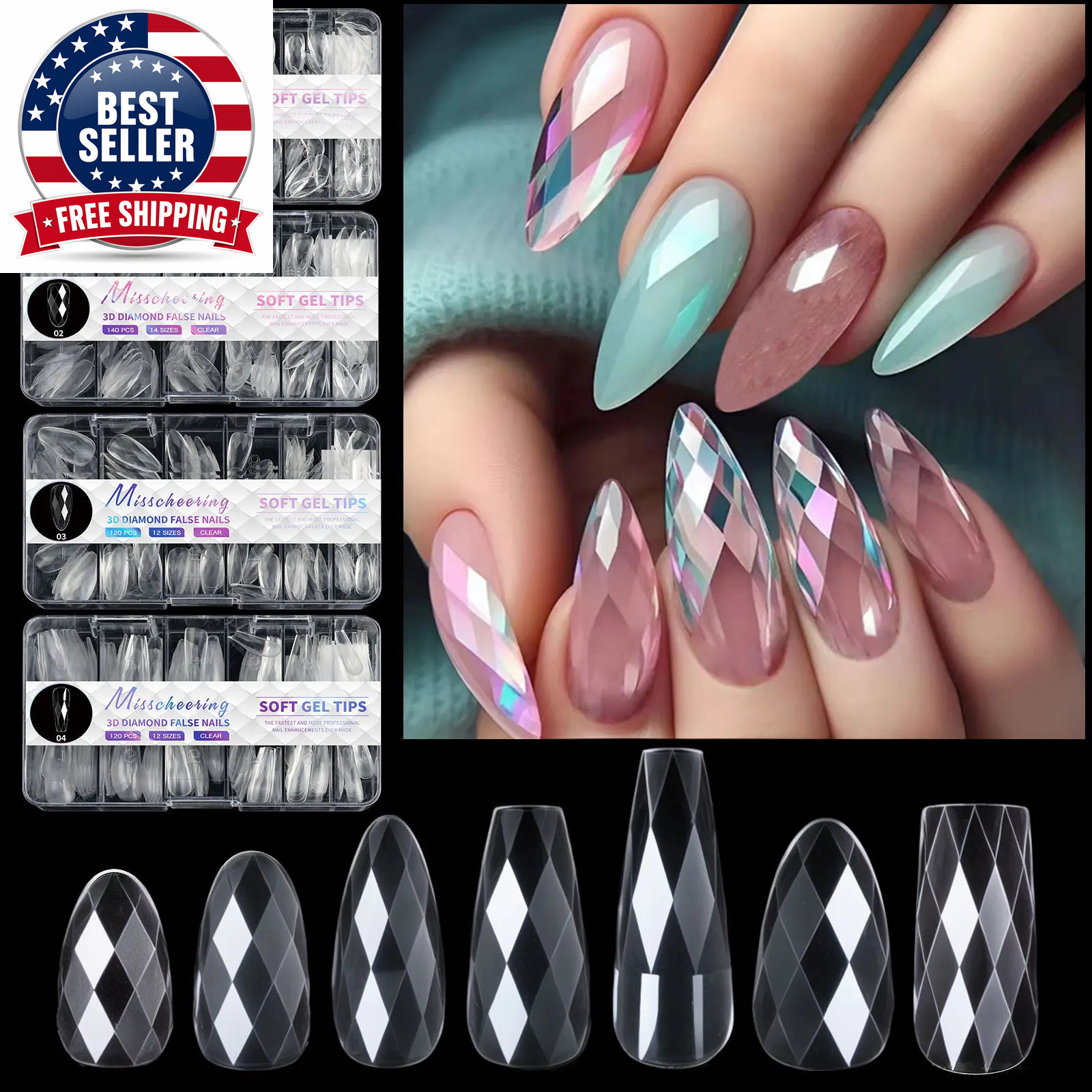 Diamond Shaped 3D Almond Nails Transparent Non-Marking Frosted Square Oval Weara