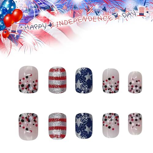 4th of July Press on Nails Short Square Independence 4th of July False Nails-24