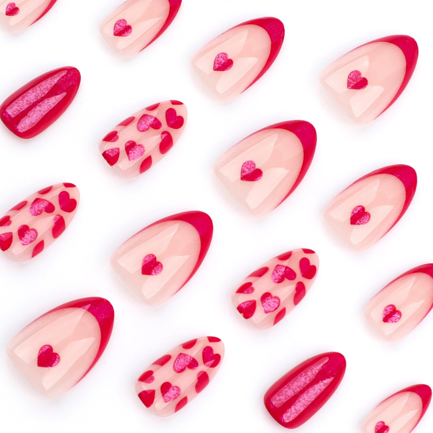Valentine Fake Nails French Tip Press on Nails Cute Heart Acrylic Nails Mediu…