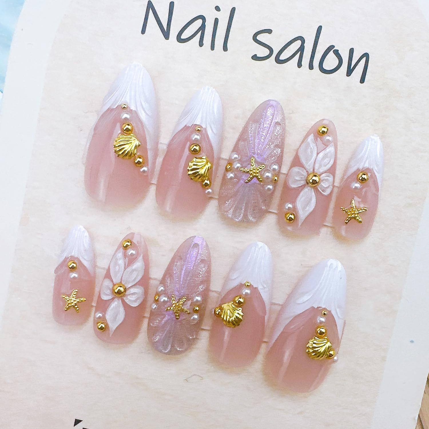 24Pcs White French Tip Press on Nails Medium Almond Fake Nails with 3D Floral Go
