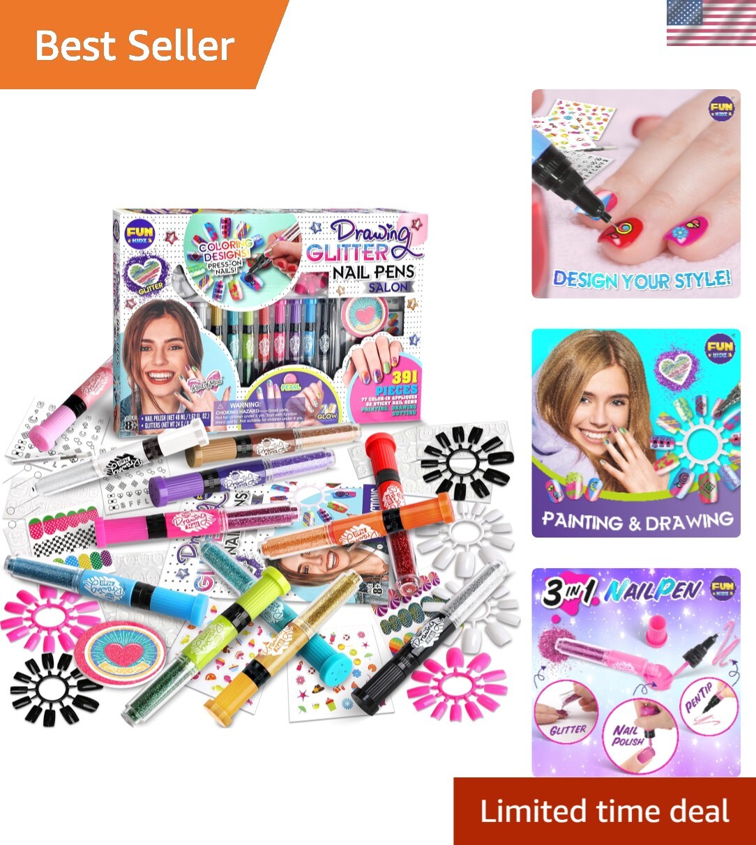 Girls 8-12 Nail Art Combo with 120 Fake Nails and Glitter Pens – Fun DIY Set