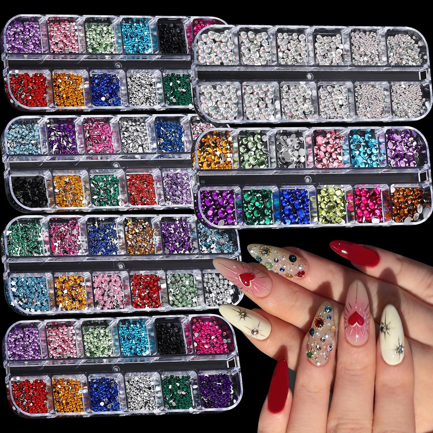 6 Boxes Colorful Crystal Rhinestones Nail Gems Multi Shape Flat Back Charms 2Mm