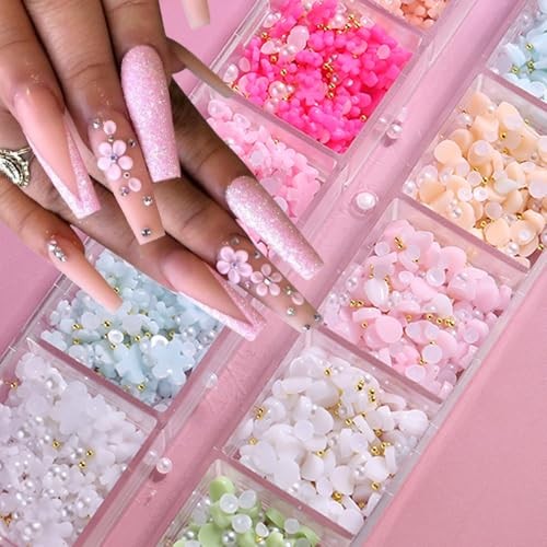 12 Grids Flowers Nail Charms 3D Resin Colorful Petals Charms for Acrylic Nails