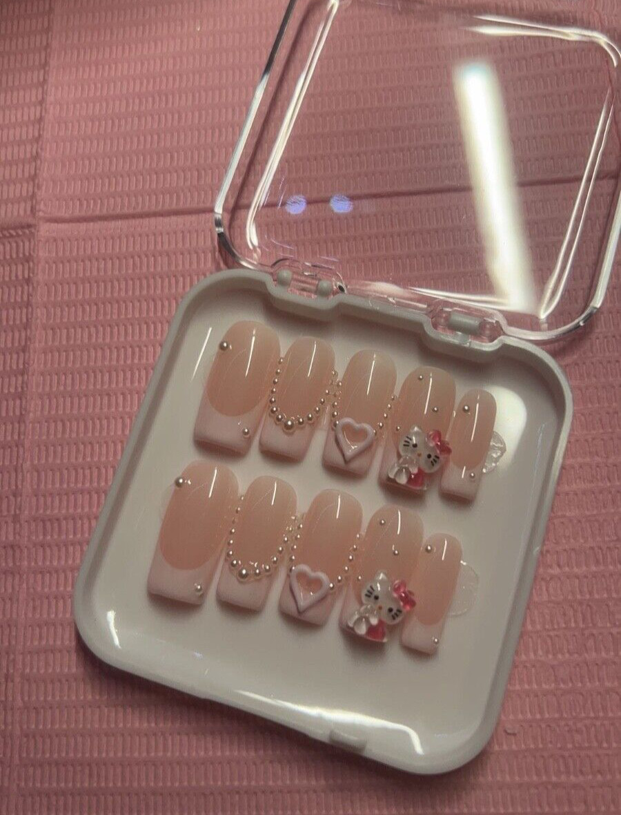 Medium Square gel Press on Nails| Hello Kitty| Pink| French Tip| Handmade|