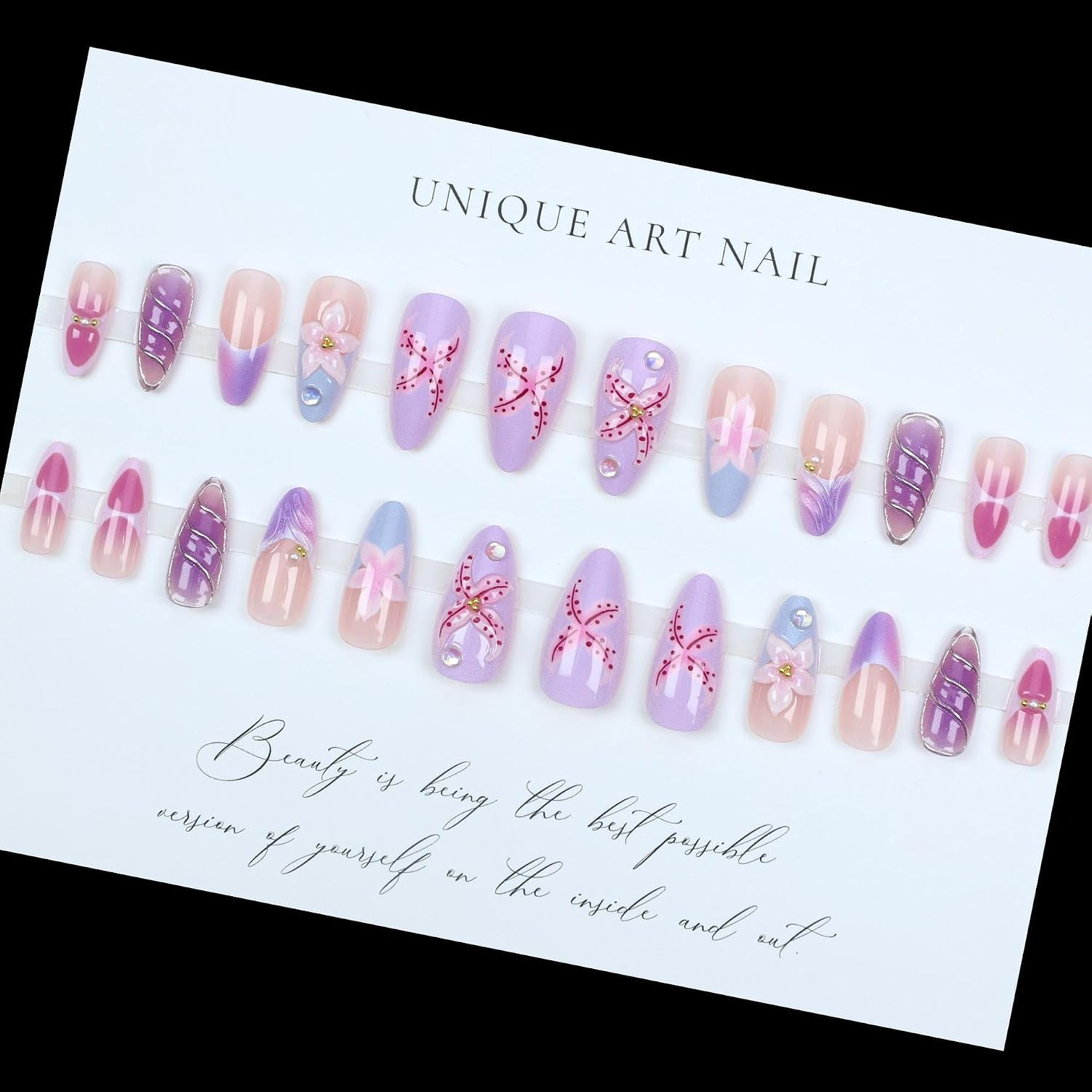 3D Flower Press on Nails Medium Almond Fake Nails with Floral Pearl Designs Purp