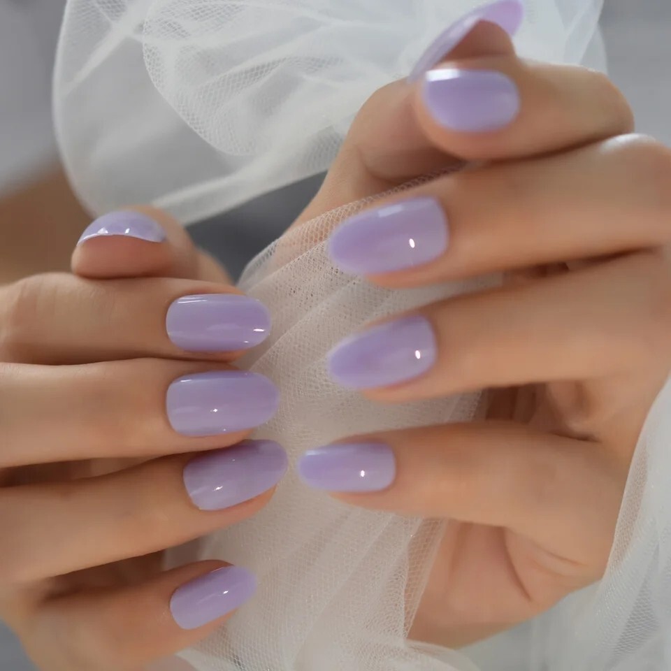 24 Short Oval Press on nails kit w Glue Light Purple Pastel Lavender Kawaii