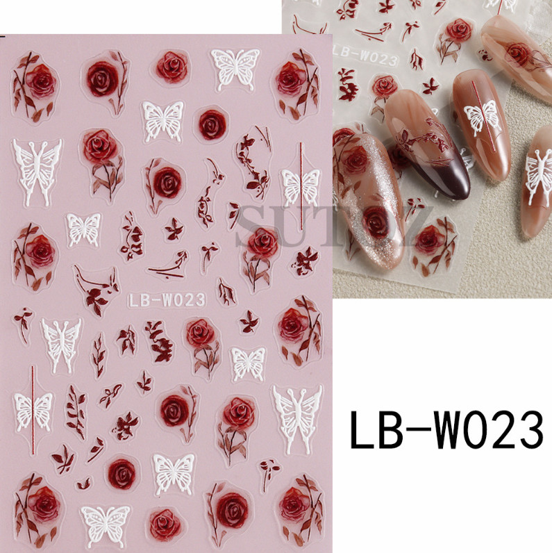 5D Embossed Nail Art Stickers Transfers Rose Flower Leaf Butterfly LBW23 NS52
