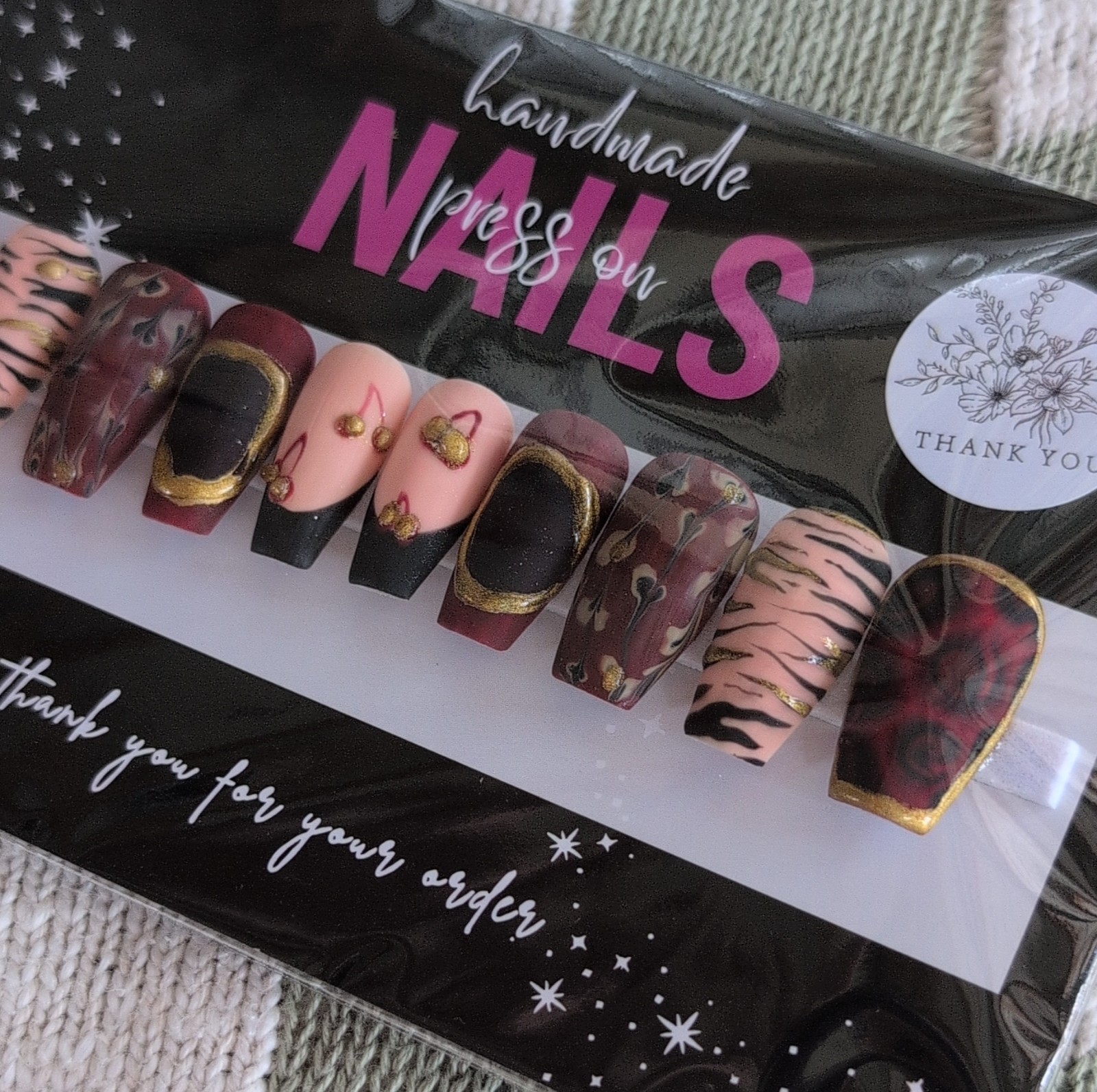 Press-On Nails Handmade Long Coffin Burgundy Black Sized XL
