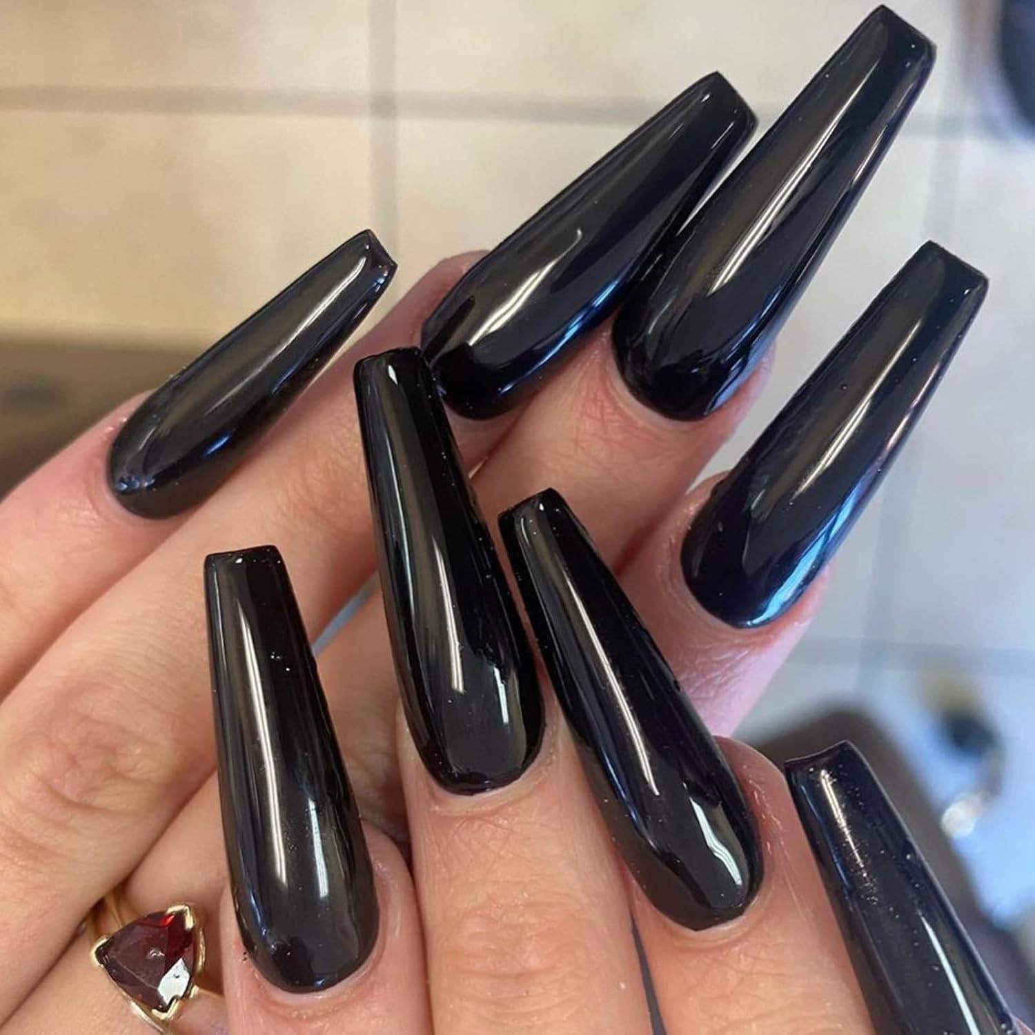 XXXL Extra Long Press on Nails Coffin Glossy Black Fake Nails Full Cover