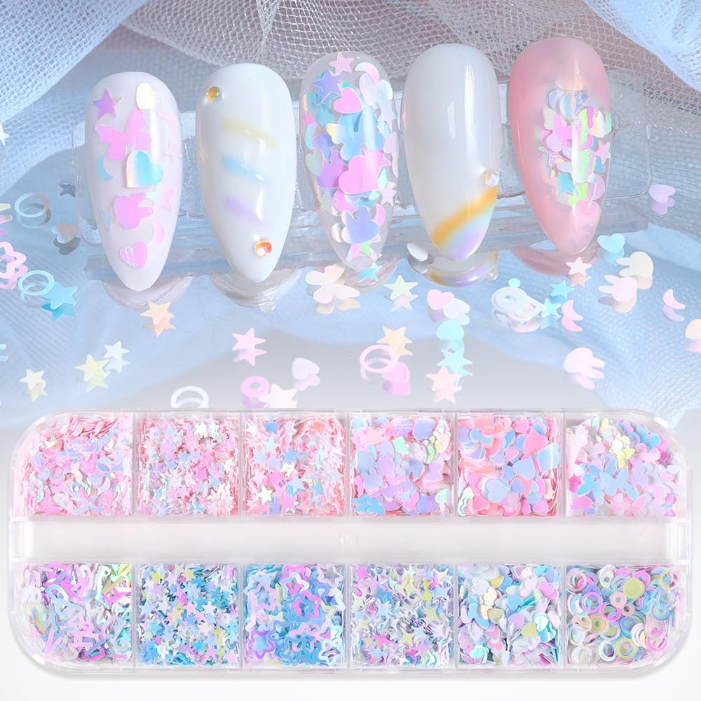 Holographic Nail Art Sequins, Iridescent Candy Colors Nail Confetti, 3D Chunk…
