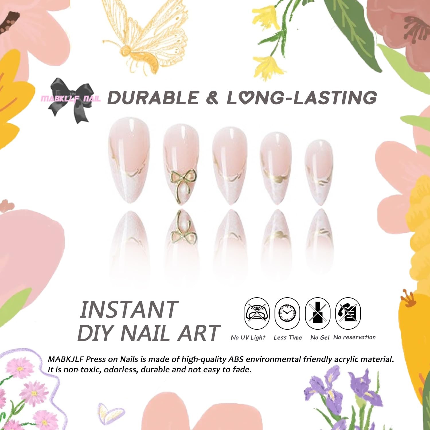 French Tip Press On Nails Medium Almond 24Pcs Glossy Gold Curve Line Marbled …