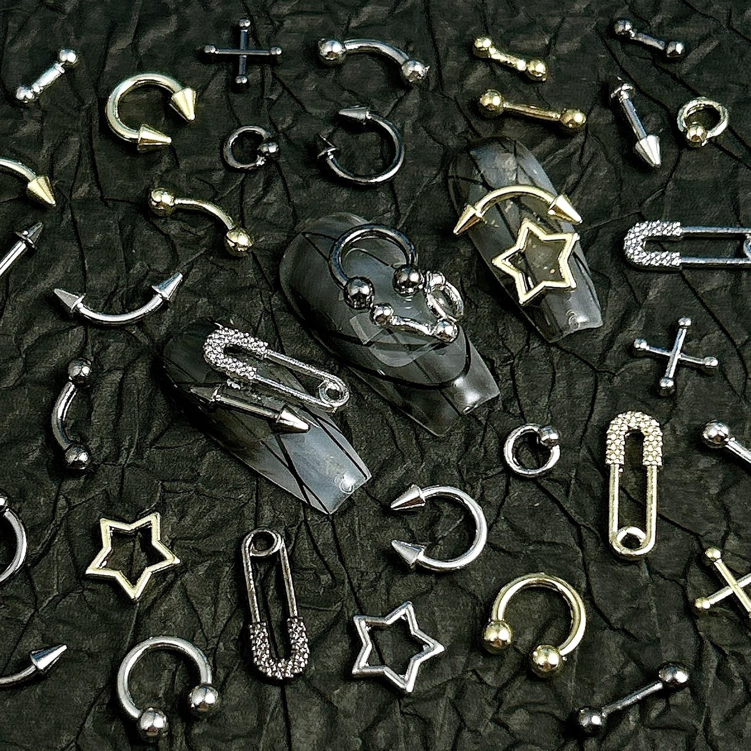 80PCS Metal Piercing Nail Art Charms 3D Gold Silver Alloy Goth Punk Nail