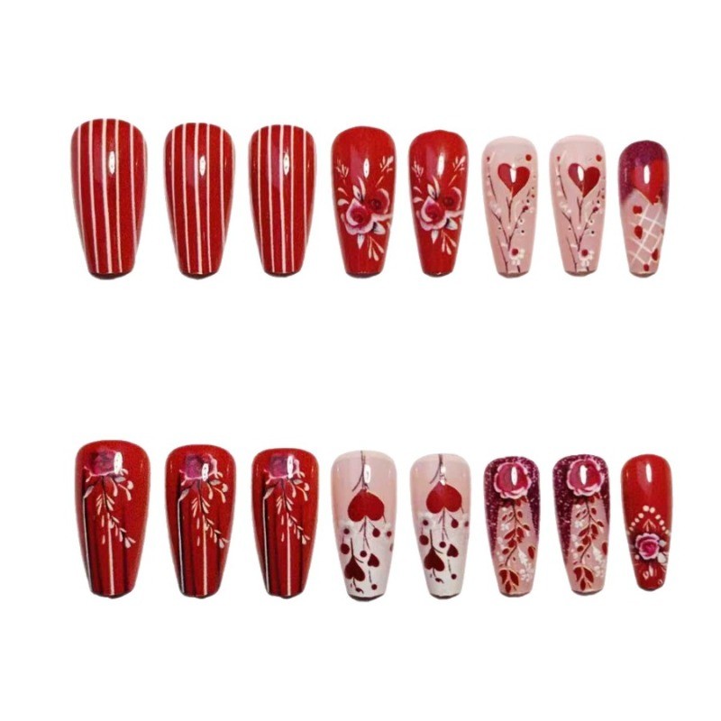 48PCS long red and white heart-shaped rose reusable red fake nail art