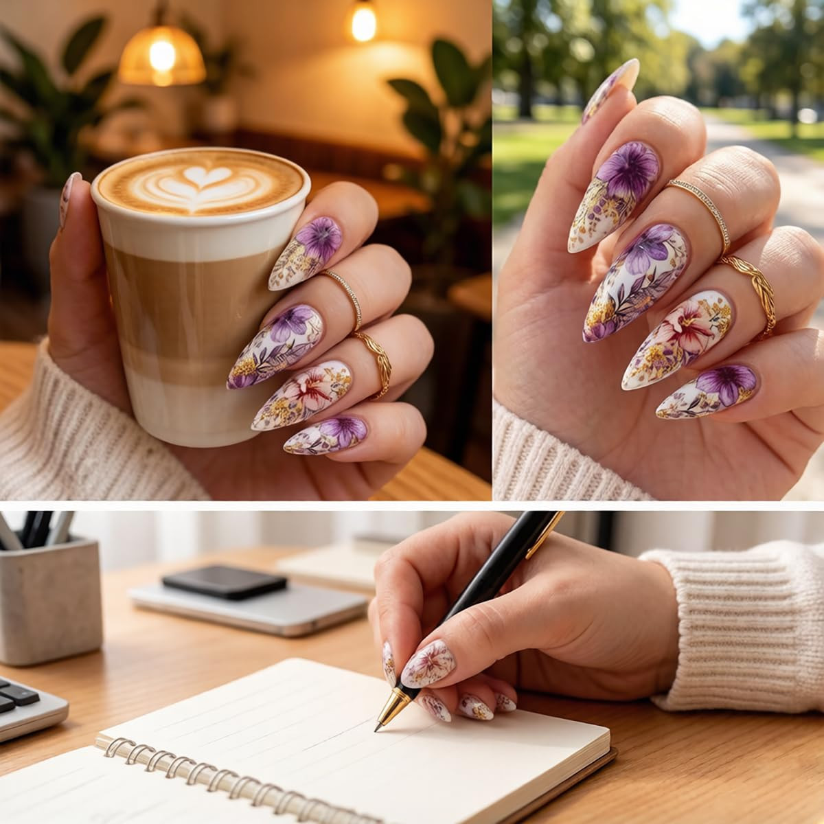 Elegant Floral Press on Nails Medium Almond Purple Flower Fake Nails Watercolor