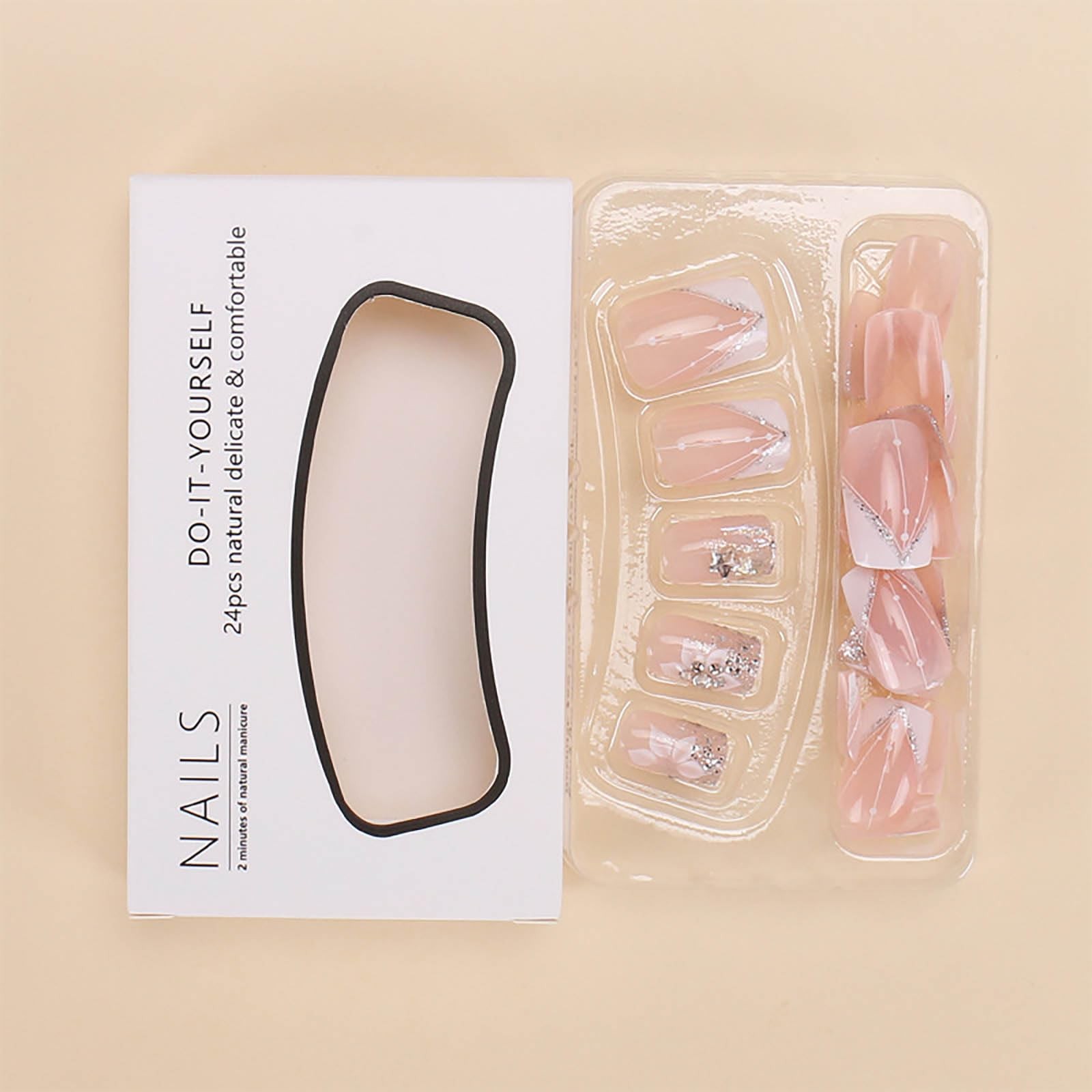 Square Press-on Nails – White French Tip Fake Nails with Glitter Designs, Med…