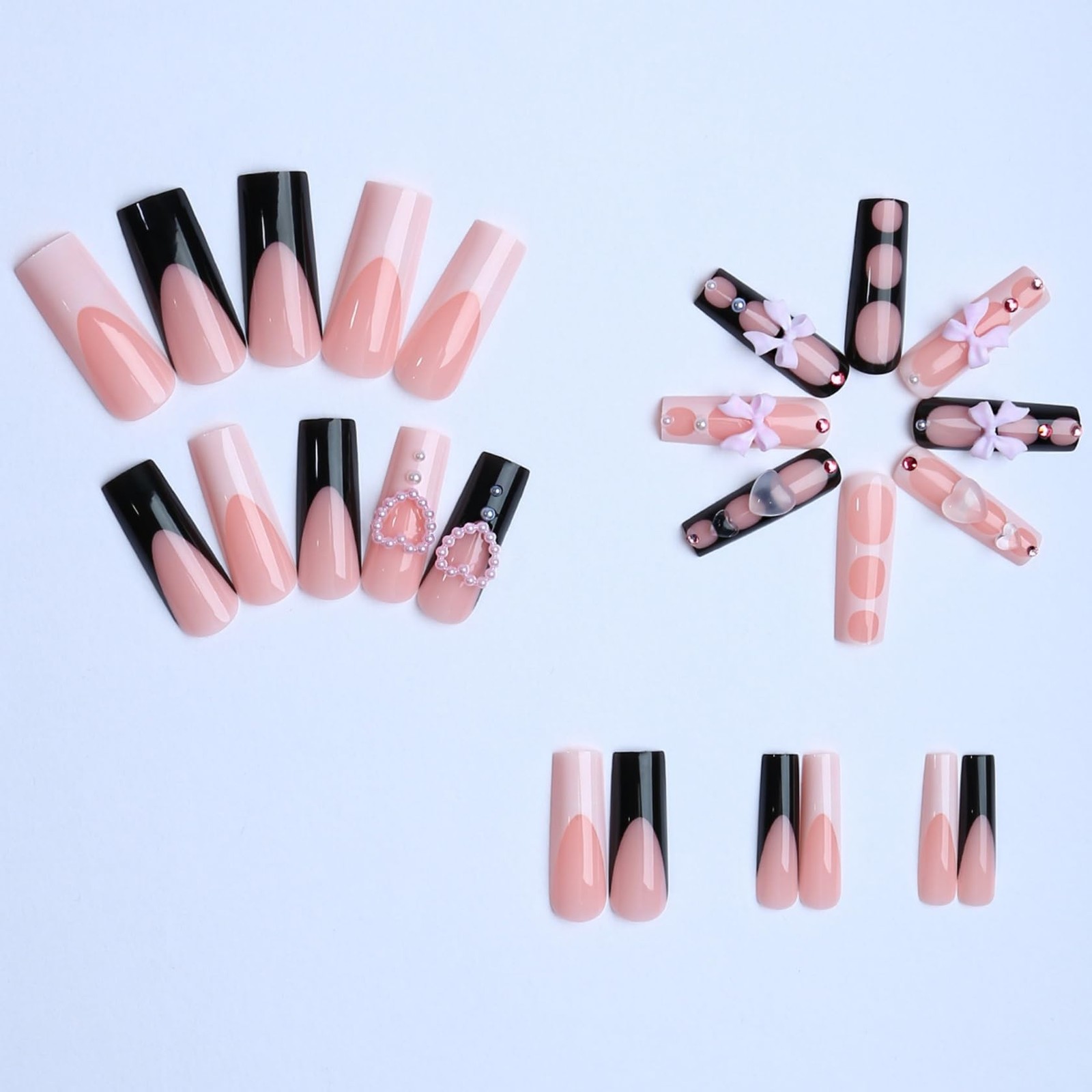 Long Square Press on Nails Black & White Fake Nails Pink 3D Bow Heart Artific…